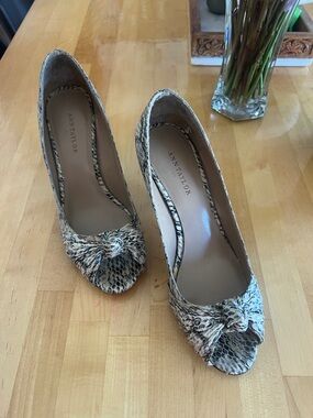 Ann Taylor Neutral Snake-Print Peep Toe Knot Pumps